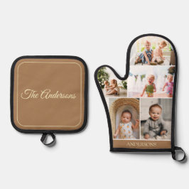 Custom Family Foto Collage Einfach braun Ofenhandschuh & Topflappen-Set