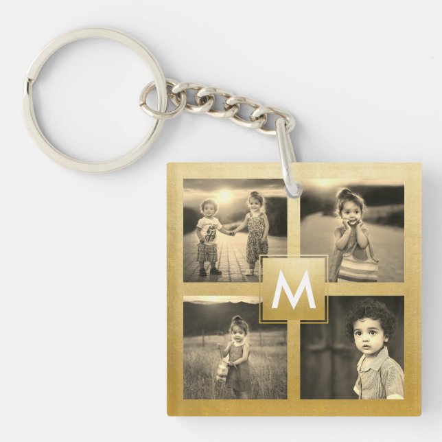 Custom Family Foto Collage Gold Monogram Sepia Schlüsselanhänger (Vorderseite)