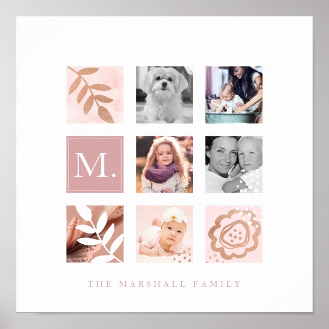 Custom Family Foto Collage Monogram Floral Theme Poster (Vorne)