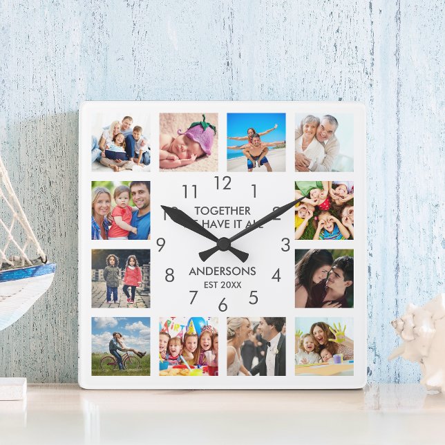 Custom Family Foto Collage Personalized White Quadratische Wanduhr (Von Creator hochgeladen)