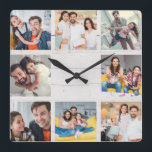 Custom Family Foto Collage Rustikales modernes Hol Quadratische Wanduhr<br><div class="desc">Custom Family 8 - Foto Collage auf einem rustikalen weißen "shiplap" Holzhintergrund. Großes personalisiertes Geschenk zum Vatertag,  Muttertag,  oder als Geschenk für Großmütter und Großvater zum Geburtstag oder Familienurlaub. Aktualisieren Sie mit Ihren Lieblings-8 Fotos und das wird ein Sake,  den sie sicherlich schätzen werden.</div>