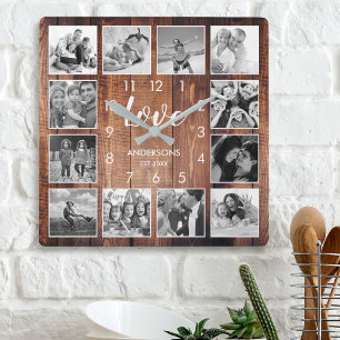 Custom Family Foto Rustic Farmhouse Liebe Script Quadratische Wanduhr