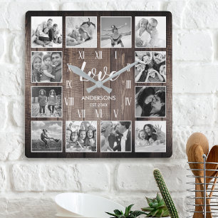 Custom Family Foto Rustic Farmhouse Liebe Script Quadratische Wanduhr
