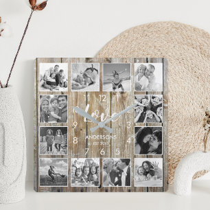 Custom Family Foto Rustic Farmhouse Liebe Script Quadratische Wanduhr
