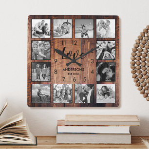 Custom Family Foto Rustic Farmhouse Liebe Script Quadratische Wanduhr