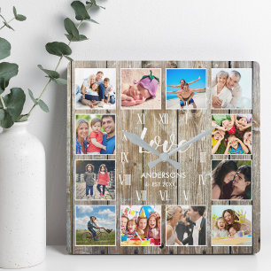 Custom Family Foto Rustic Farmhouse Liebe Script Quadratische Wanduhr