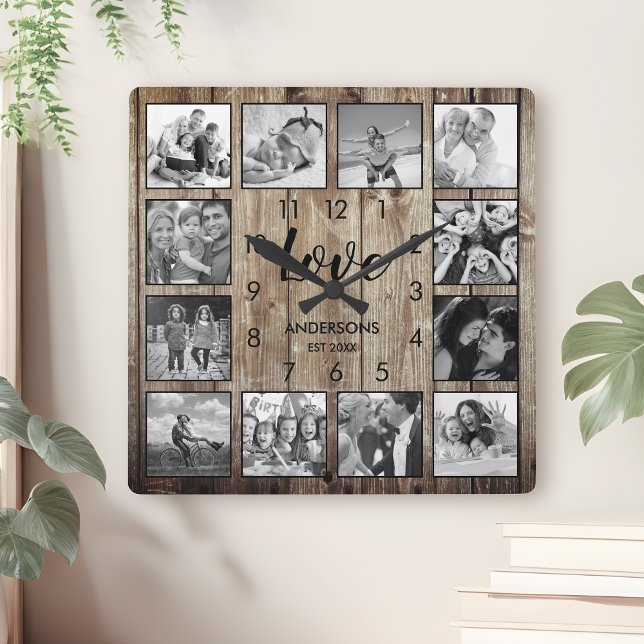 Custom Family Foto Rustic Farmhouse Liebe Script Quadratische Wanduhr (Von Creator hochgeladen)