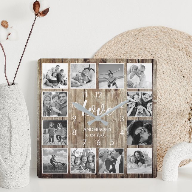 Custom Family Foto Rustic Farmhouse Liebe Script Quadratische Wanduhr (Von Creator hochgeladen)
