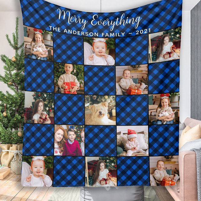 Custom Family Holiday Blue Patchwork Kariertes Fot Fleecedecke (Von Creator hochgeladen)