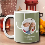 Custom Family Holiday Weihnachten Foto Green Kaffeetasse<br><div class="desc">Diese stilvolle Weihnachtsferien-Tasse ist mit dem Wort JOY auf grünem Hintergrund dekoriert. Einfach mit Ihrem Foto und Namen anpassbar.</div>
