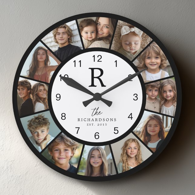 Custom Family Monogram Name Year 12 Photo Collage Große Wanduhr (Von Creator hochgeladen)
