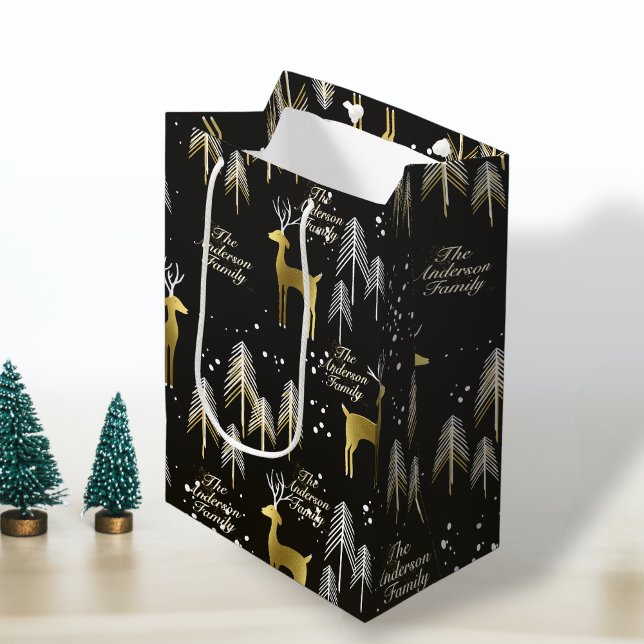 Custom Family Name Black Gold Rentier Weihnachten Mittlere Geschenktüte (Von Creator hochgeladen)