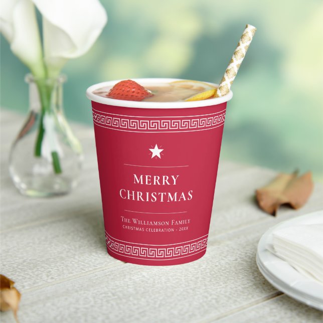 Custom Family Name Elegantes Red Christmas Party Pappbecher (In Situ)