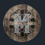 Custom Family Name Monogram Dart Board Dartscheibe<br><div class="desc">Faux wooden background with monogram and family name in center of the board. Other colors available in the shop.</div>