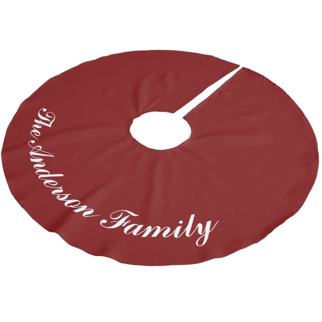 Custom Family Name Red Christmas Tree Skirt Polyester Weihnachtsbaumdecke (Schrägansicht)