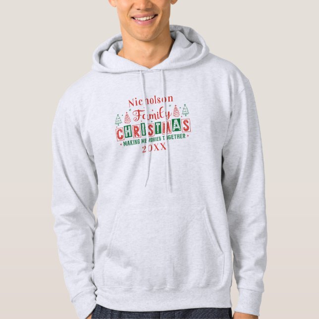 Custom Family Name Red Green Weihnachten Hoodie (Vorderseite)