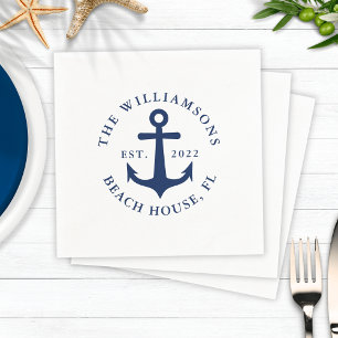 Custom Family Name White Navy Blue Anchor Nautic Serviette