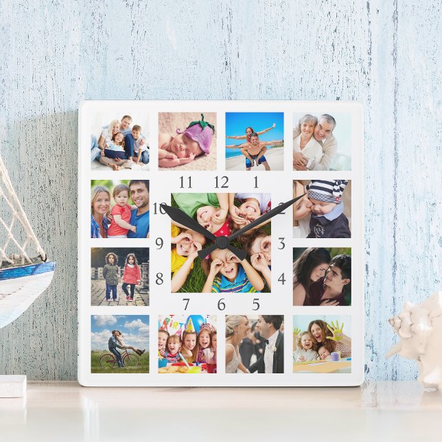 Custom Family Photo Collage Personalized White Quadratische Wanduhr (Von Creator hochgeladen)