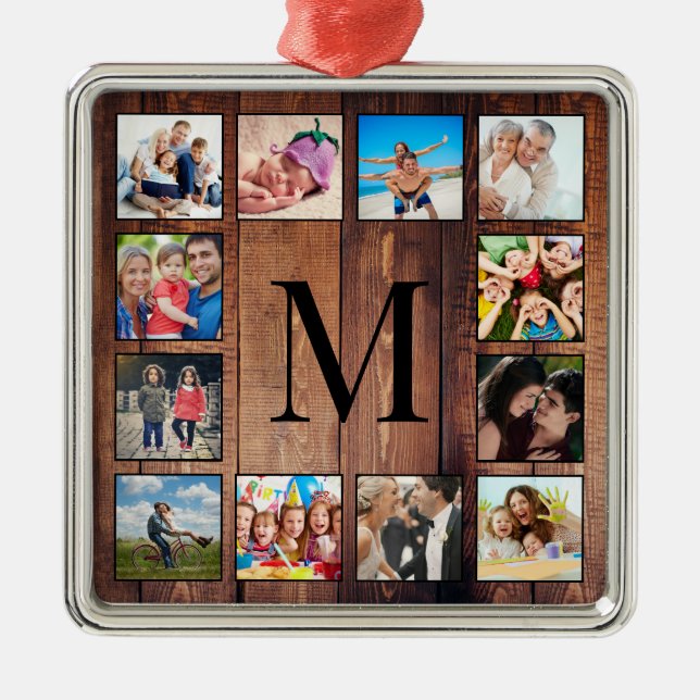 Custom Family Photo Collage Reclaimed Wood Ornament Aus Metall (Vorne)