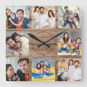 Custom Family Photo Collage Rustic Modern Wood Quadratische Wanduhr