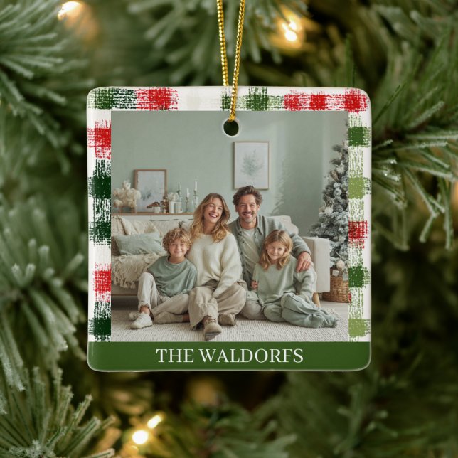Custom Family Photo Red and Green Plaid Ornament (Baum)