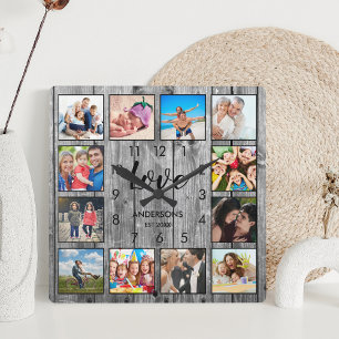 Custom Family Photo Rustic Farmhouse Love Script Quadratische Wanduhr