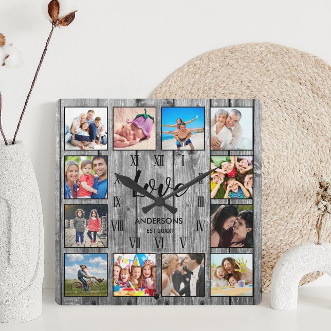 Custom Family Photo Rustic Farmhouse Love Script Quadratische Wanduhr (Von Creator hochgeladen)