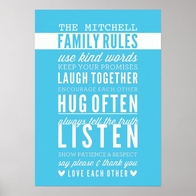 CUSTOM FAMILY RULES Moderne Typografie Aqua Blue Poster (Vorne)