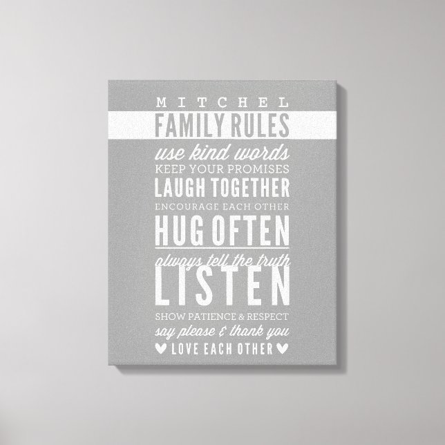 CUSTOM FAMILY RULES Moderne Typografie cool grau Leinwanddruck (Vorderseite)