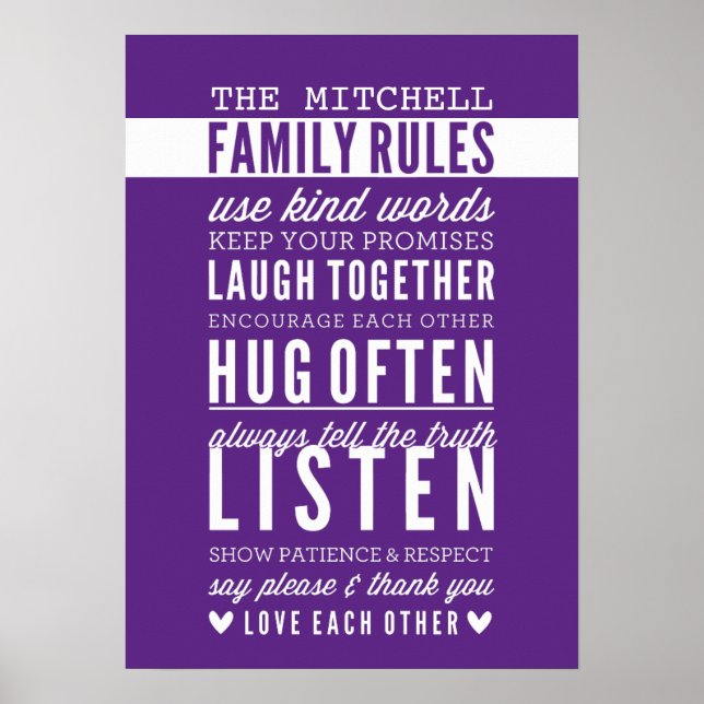 CUSTOM FAMILY RULES Moderne Typografie reich lila Poster (Vorne)