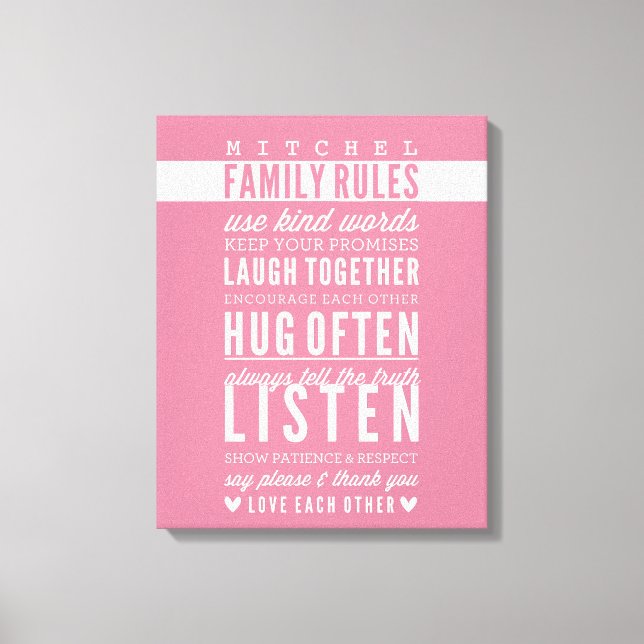 CUSTOM FAMILY RULES Moderne Typografie Rose pink Leinwanddruck (Vorderseite)