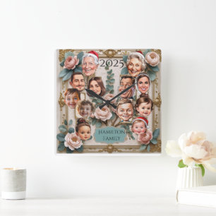 Custom Family Tree Karikaturenkarte Kunst Quadratische Wanduhr