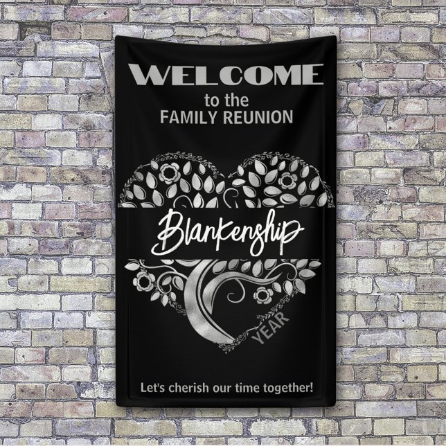 Custom Family Wiedersehen Heart Art Tree Black Sil Banner (This vertical format family reunion welcome banner is easy to personalize for your gathering. )