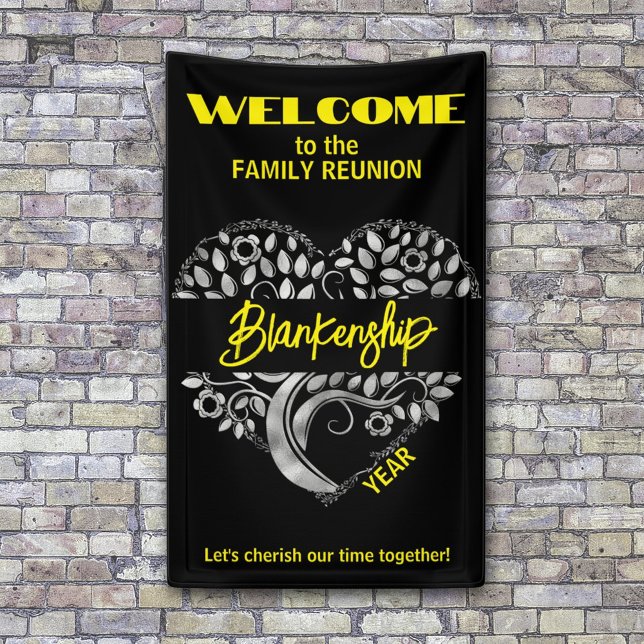 Custom Family Wiedersehen Heart Art Tree Black Yel Banner (Welcome the family with a silver heart tree on a black and yellow vertical format reunion banner.
)