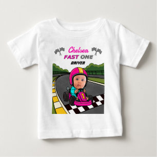 Custom Fast One Pink Race Car Driver Birthday Baby T-shirt