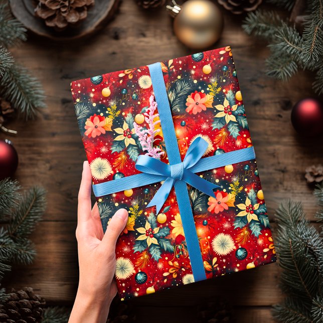 Custom Festival Red Floral Christmas Geschenkpapier (Von Creator hochgeladen)