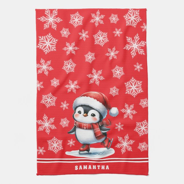 Custom Festival Red Penguin Ice Skater Weihnachten Geschirrtuch (Vertikal)