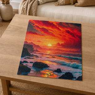 Custom Fiery Sunset Coastline - Ocean Cliffs