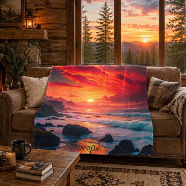 Custom Fiery Sunset Coastline - Ocean Cliffs Fleecedecke (Von Creator hochgeladen)