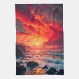 Custom Fiery Sunset Coastline - Ocean Cliffs Geschirrtuch
