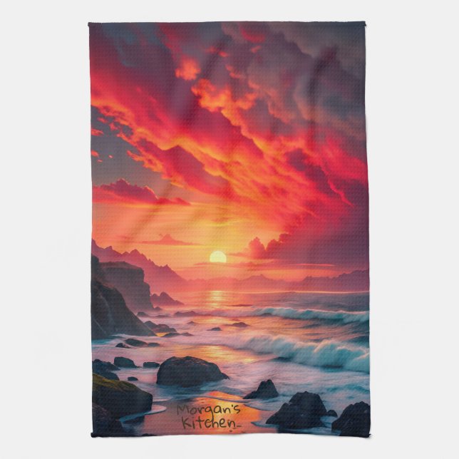 Custom Fiery Sunset Coastline - Ocean Cliffs Geschirrtuch (Vertikal)