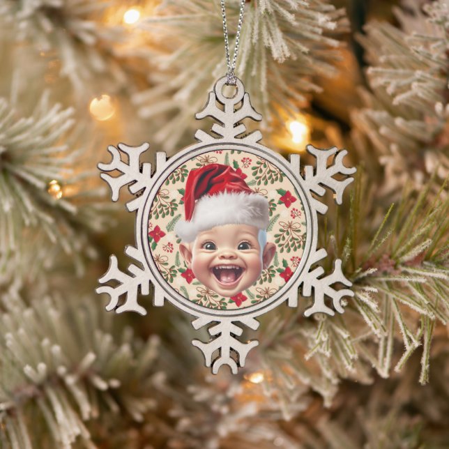 Custom First Baby Face Weihnachtsmannmütze Weihnac Schneeflocken Zinn-Ornament (Baum)