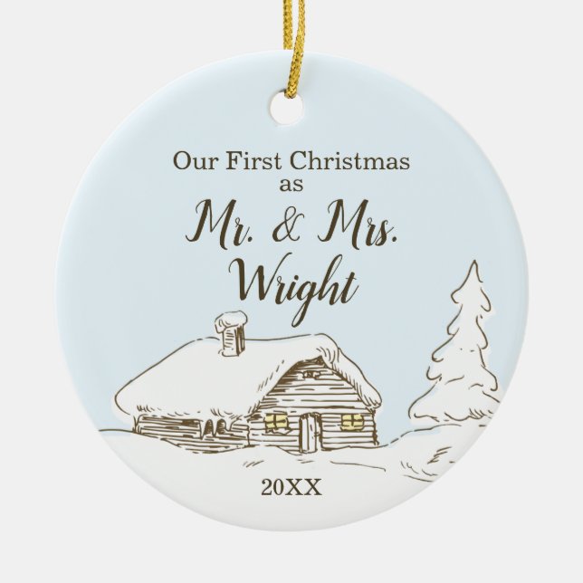 Custom First Christmas als Mr. & Mrs. Zuhause Xmas Keramik Ornament (Vorne)