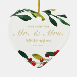 Custom First Christmas Wedding Gold Green Keramik Ornament