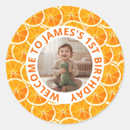 Custom First Citrus Birthday Photo Runder Aufkleber