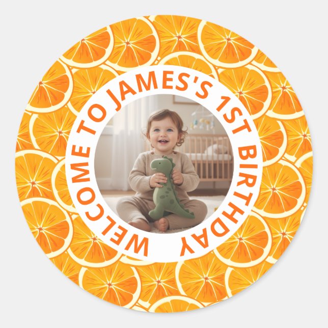Custom First Citrus Birthday Photo Runder Aufkleber (Vorderseite)