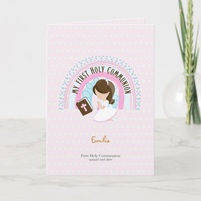 Custom First Holy Communion Niedlich Brown Hair Gi Dankeskarte (Vorderseite)