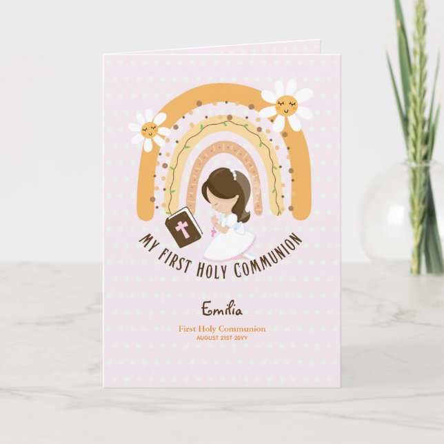 Custom First Holy Communion Niedlich Brown Hair Gi Dankeskarte (Vorderseite)