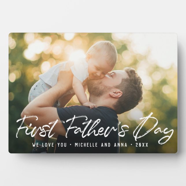 Custom First Vathers Day Modernes Foto Script Fotoplatte (Vorderseite)