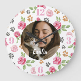 Custom Floral Cat Mom Wall Clock with Photo  Große Wanduhr